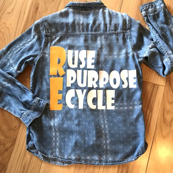 Upcycled Denim Environment Shirt, Size Medium: Reuse Repurpose Recycle Graphic - Picture 7 of 10